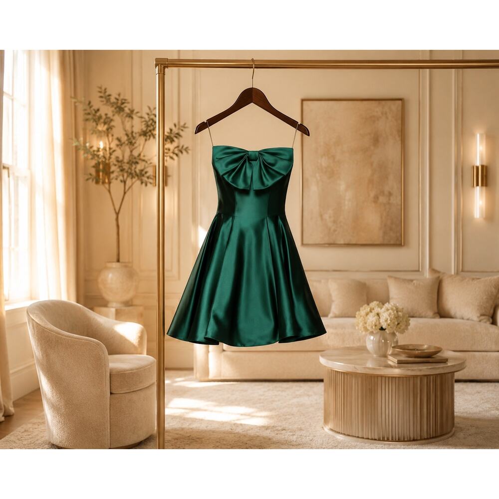 Betsy & Adam Hunter Green Satin Bow Strapless Fit Flare Dress NWT Sz 4 Cocktail